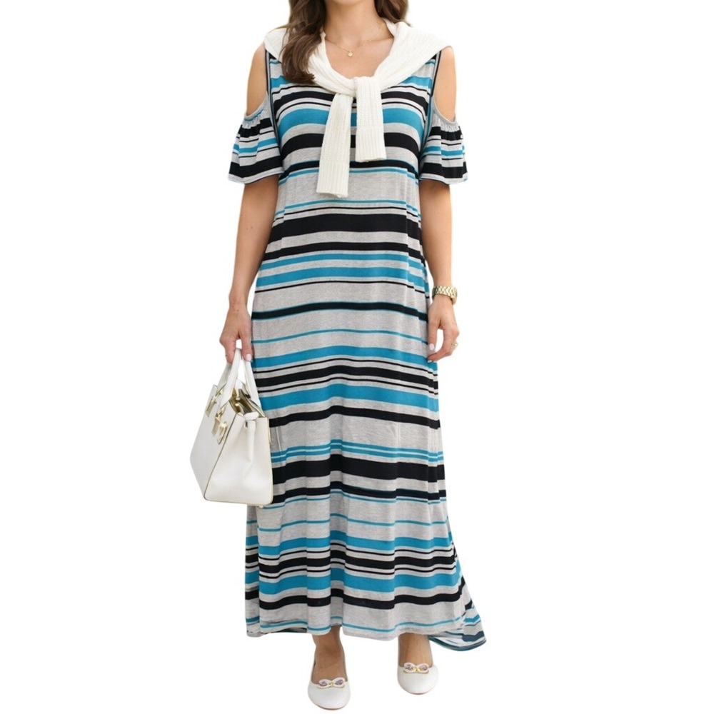 Lane Bryant Women's Striped Cold‎ Shoulder Caged Back Soft Knit Maxi Dress Sz 22